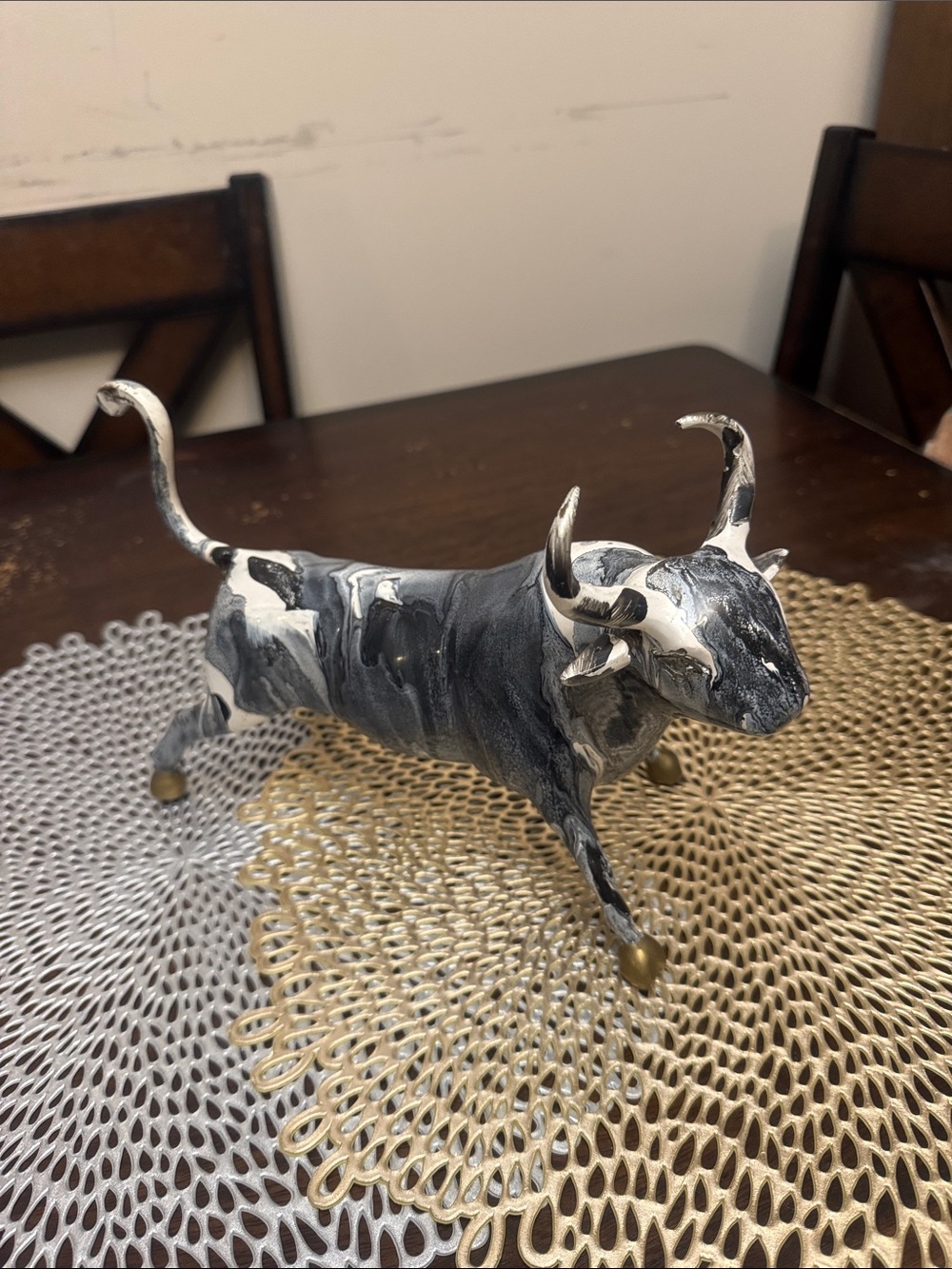 Decorative Black & White Bull Sculpture - Home Art Accent